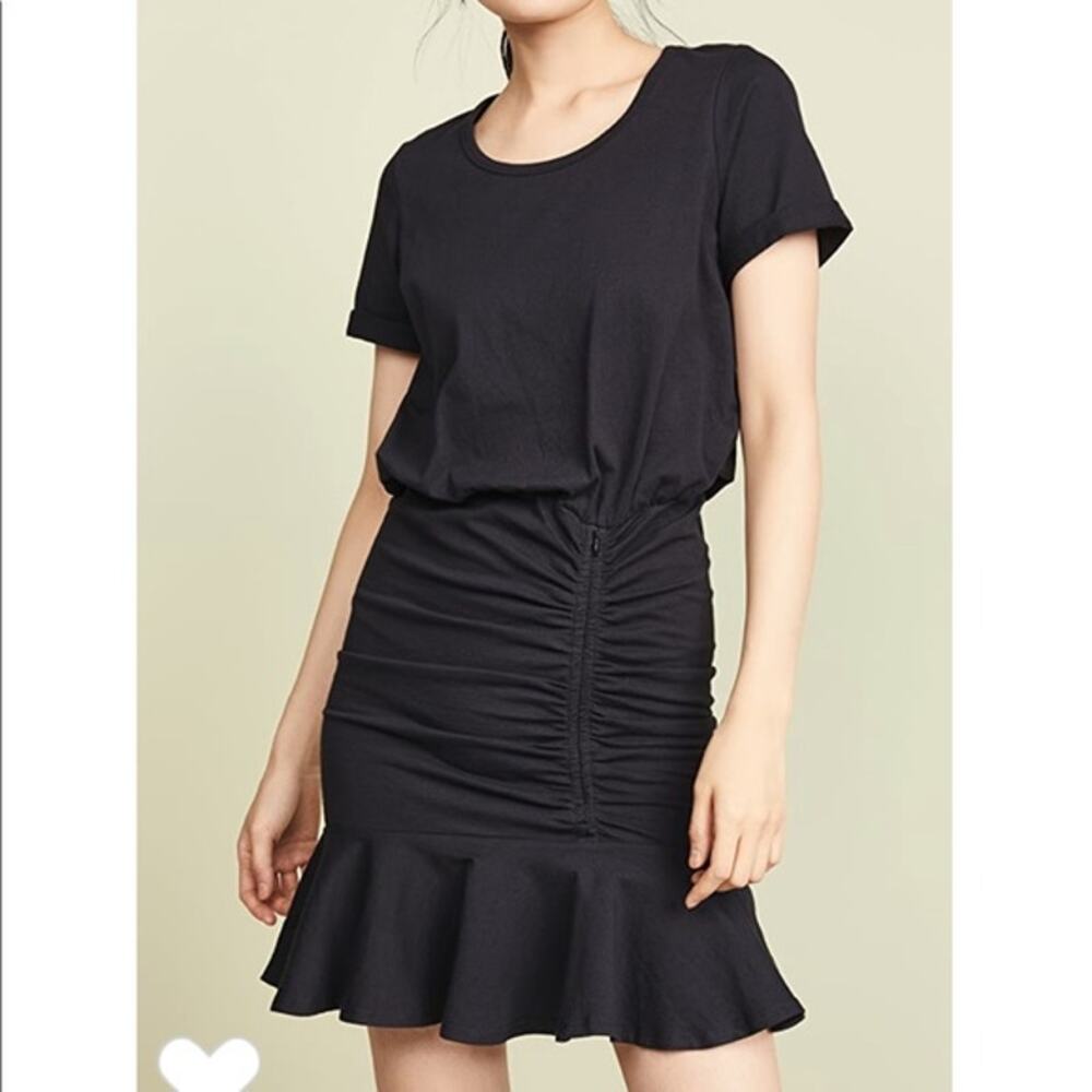 Veronica Beard Pima Ruched Dress with Flounce Short Sleeve Crew High Twist
